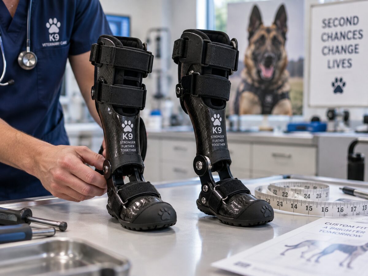 Custom bilateral prosthetic limbs being fitted for Duke