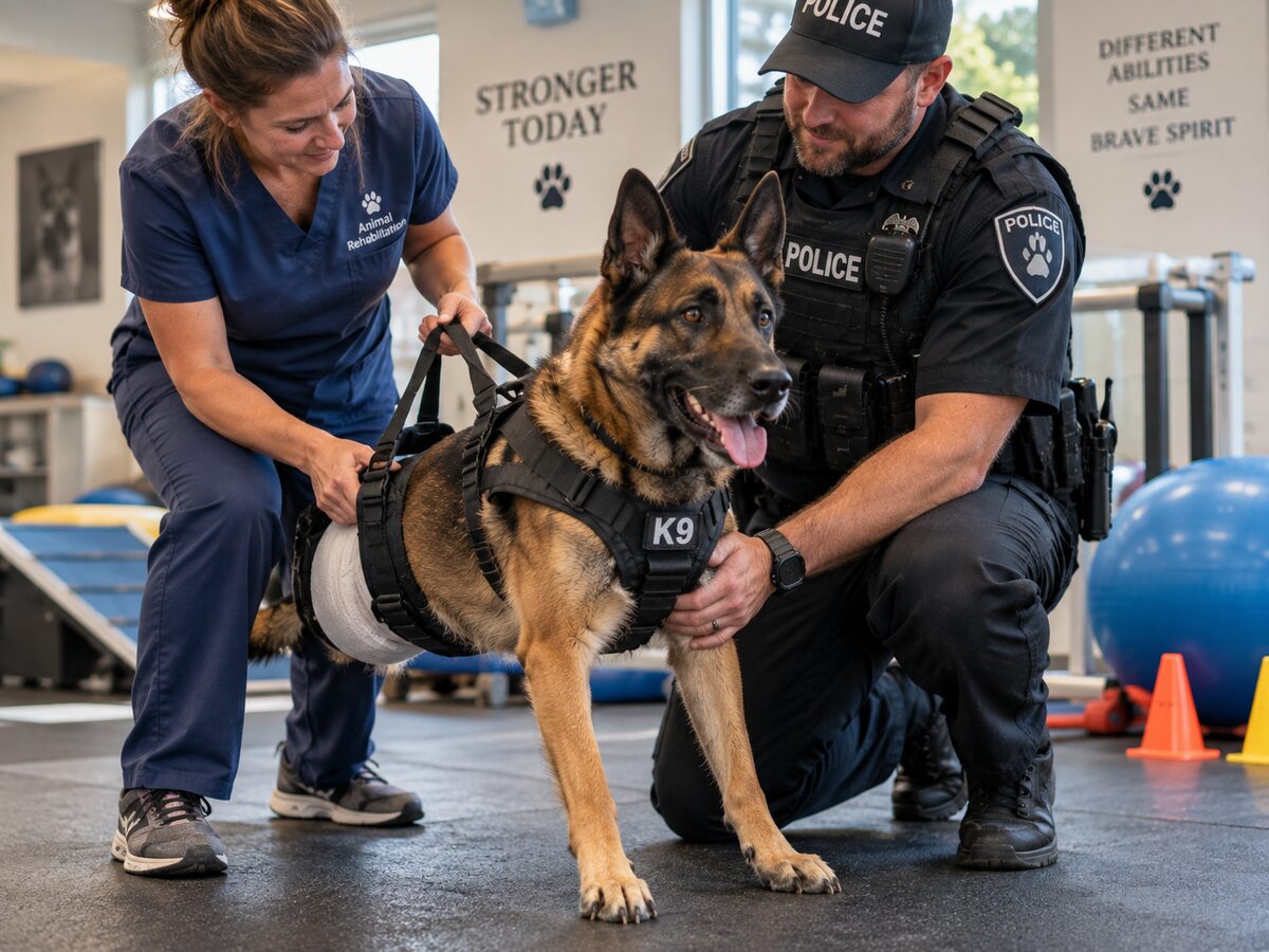 Duke during rehabilitation, supported by a mobility harness and his care team