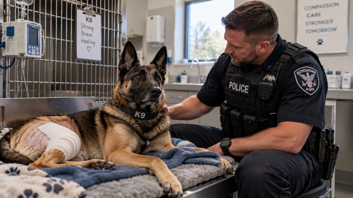 Duke recovering at the veterinary hospital after emergency surgery